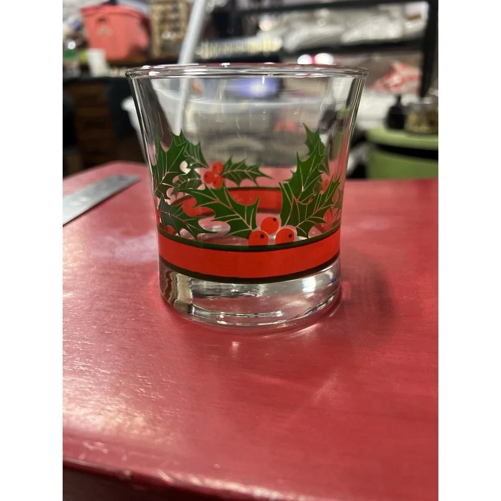 Vtg Libby Christmas Holly Berries Old Fashioned Double Rocks Low Ball Glass RARE